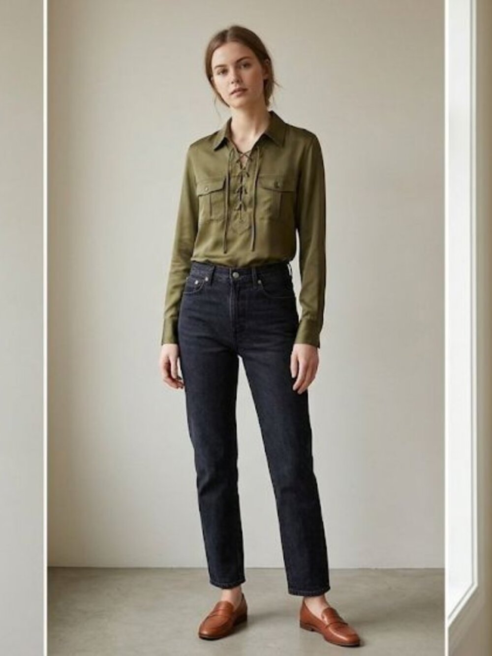 Madewell 100% Silk Lace-Up Blouse, Olive Green Shirt, Utility Boho Top Size XXS